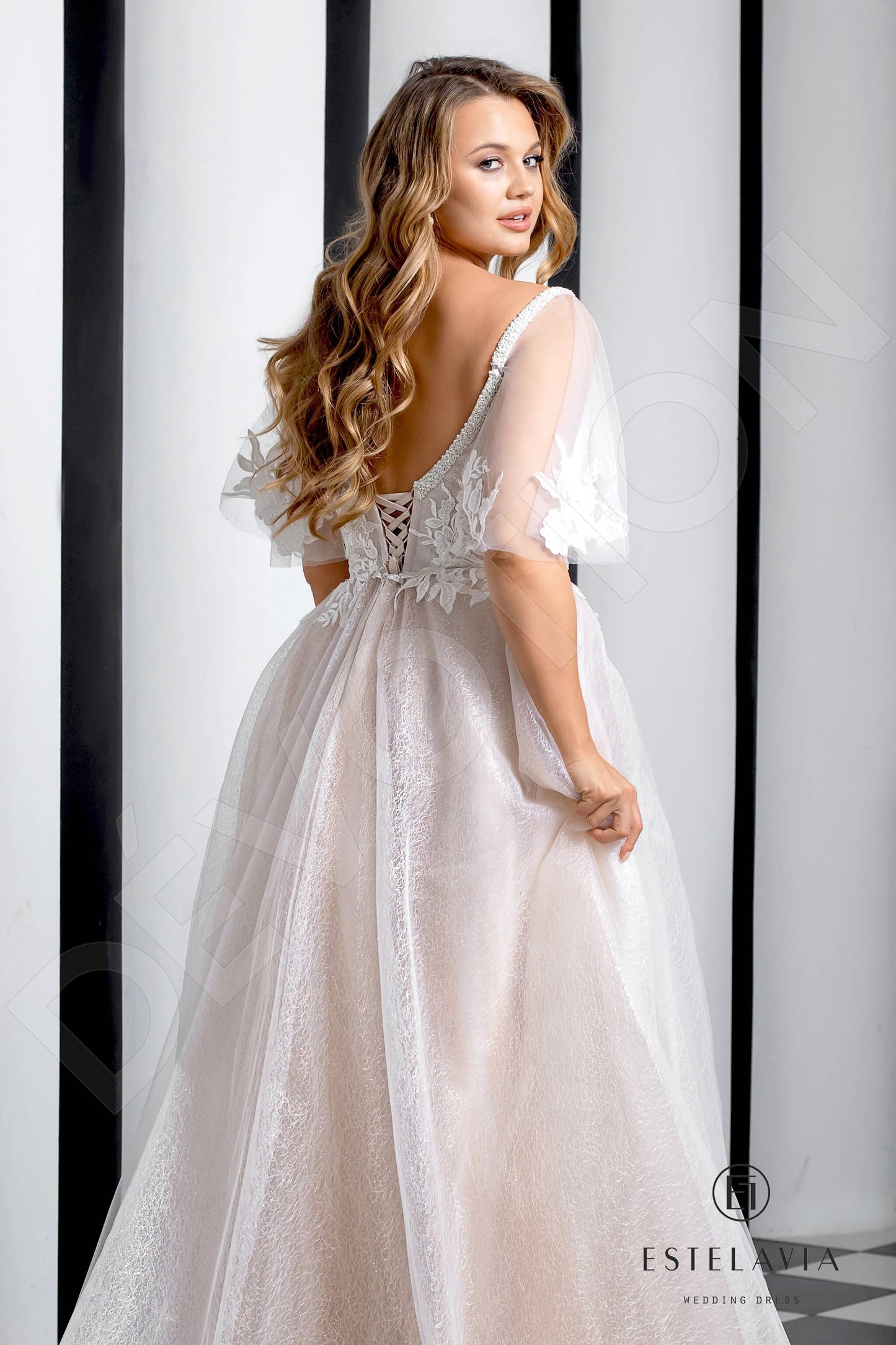 Eviona Open back A-line Short/ Cap sleeve Wedding Dress 4