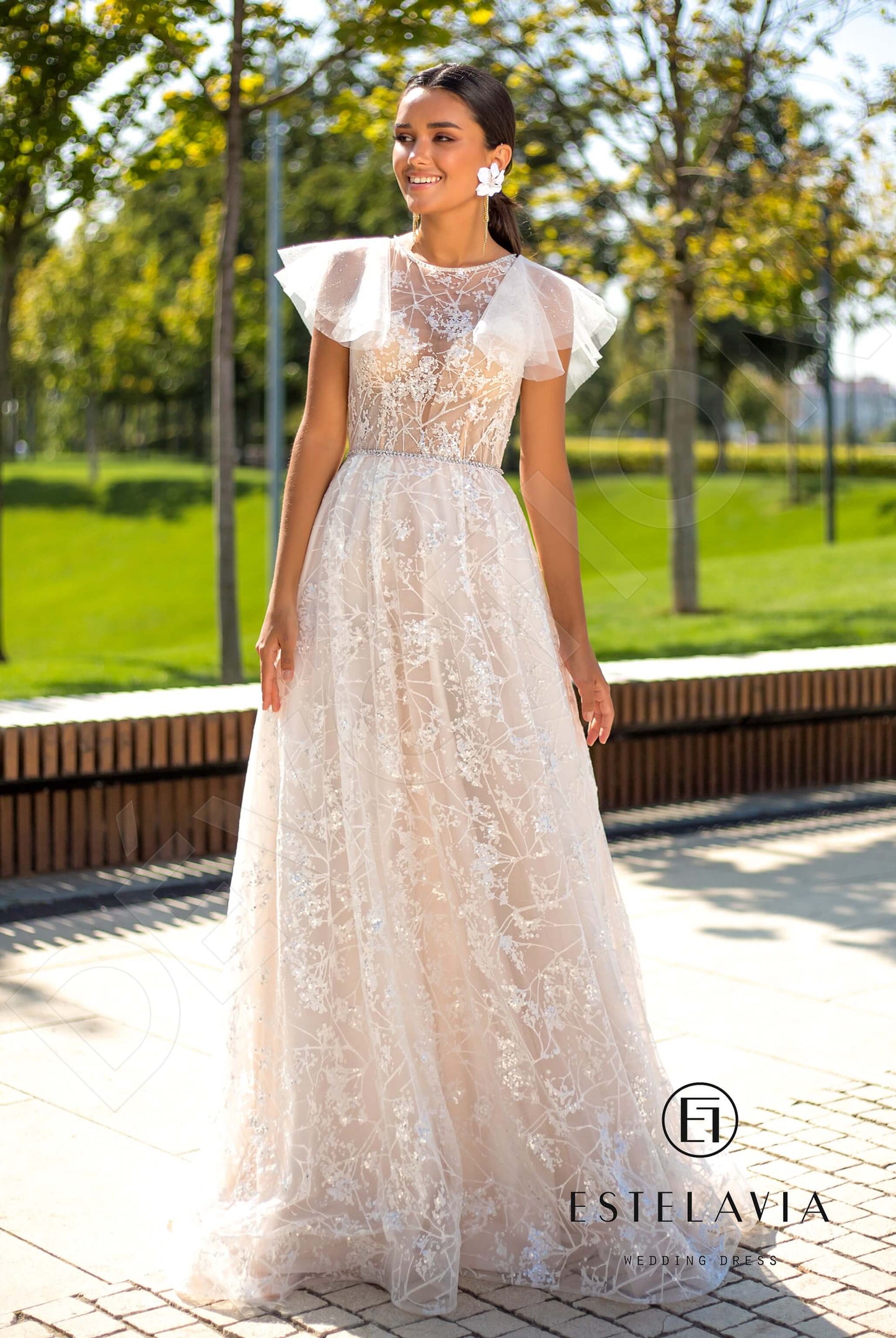 Bevery Full back A-line Short/ Cap sleeve Wedding Dress Front