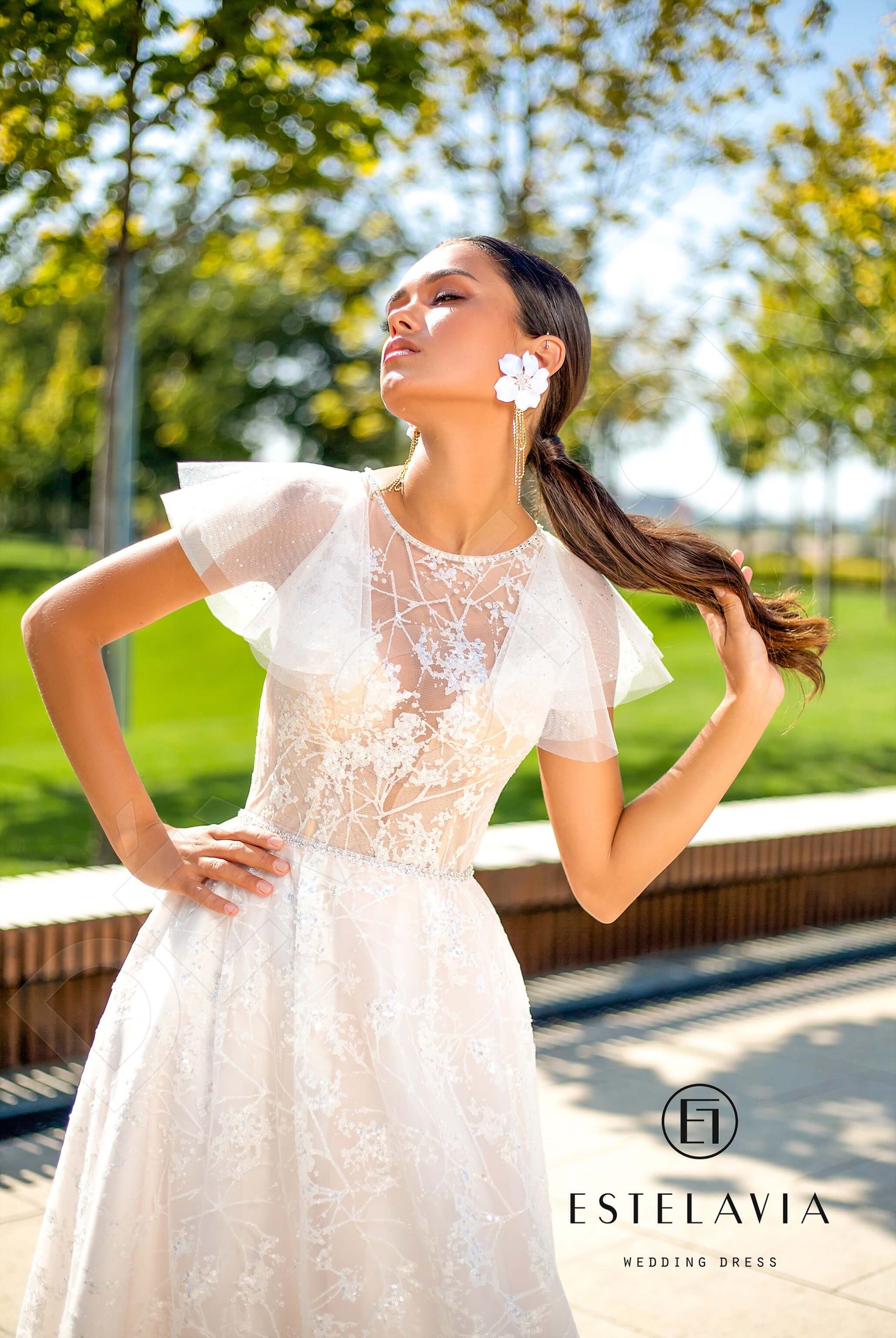 Bevery A-line Jewel Milk Cappuccino Wedding dress