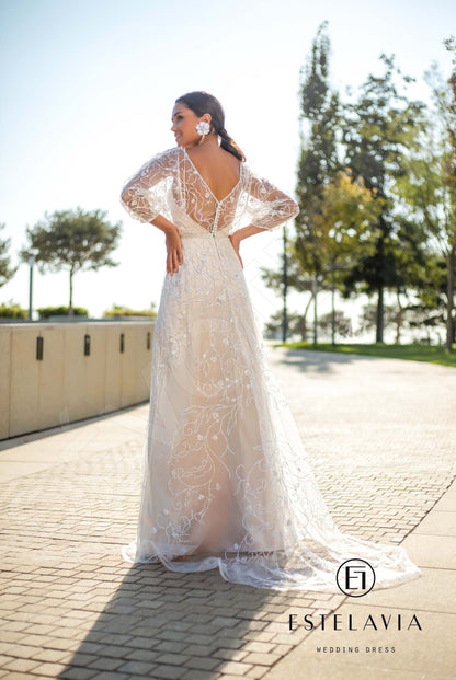 Buffi Open back A-line 3/4 sleeve Wedding Dress Back