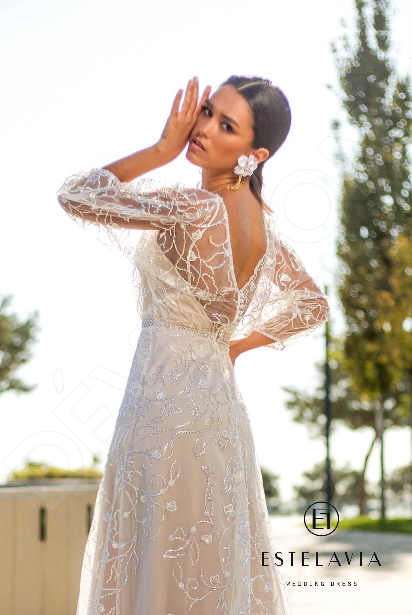 Buffi Open back A-line 3/4 sleeve Wedding Dress 7