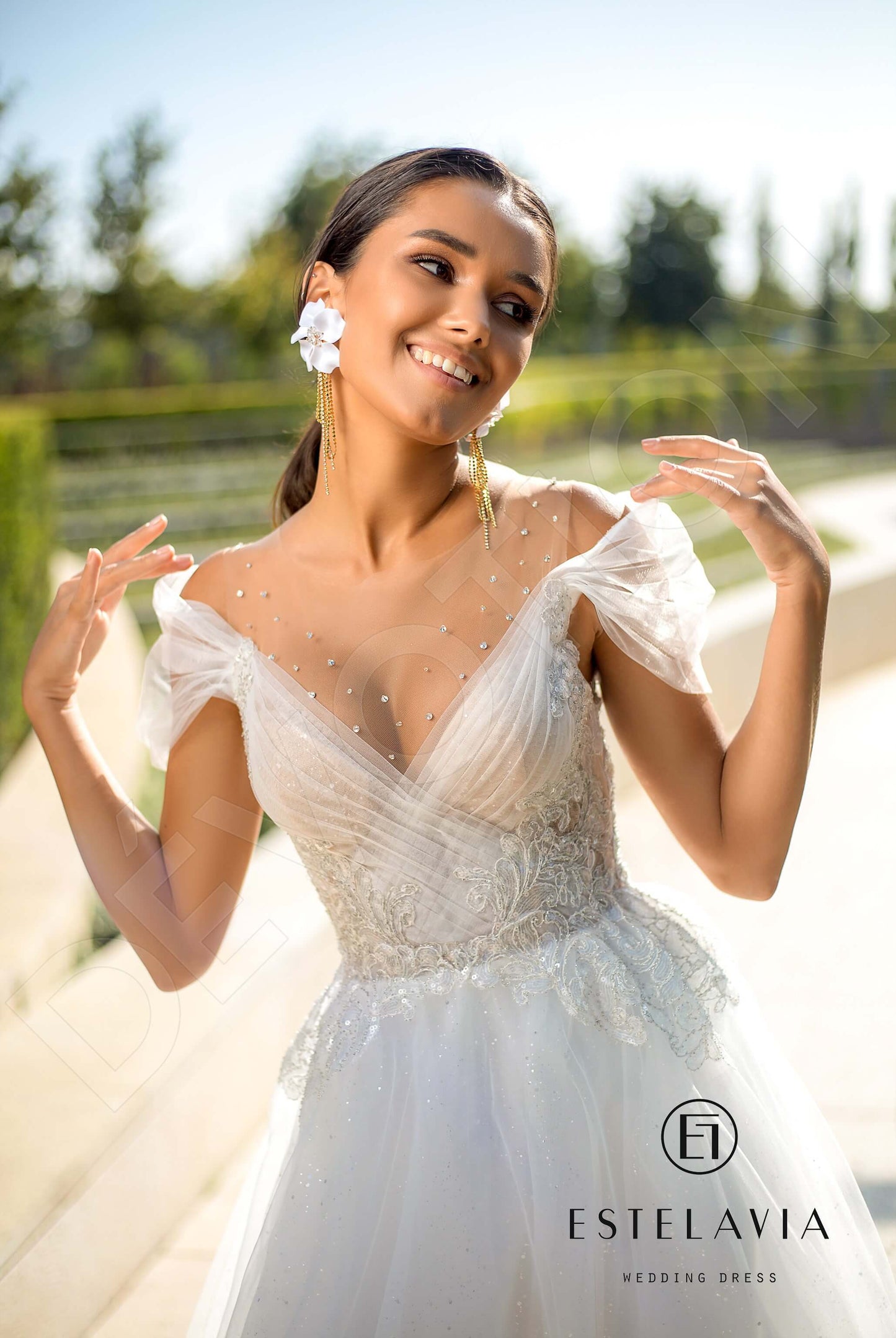 Ester Illusion back A-line Short/ Cap sleeve Wedding Dress Front
