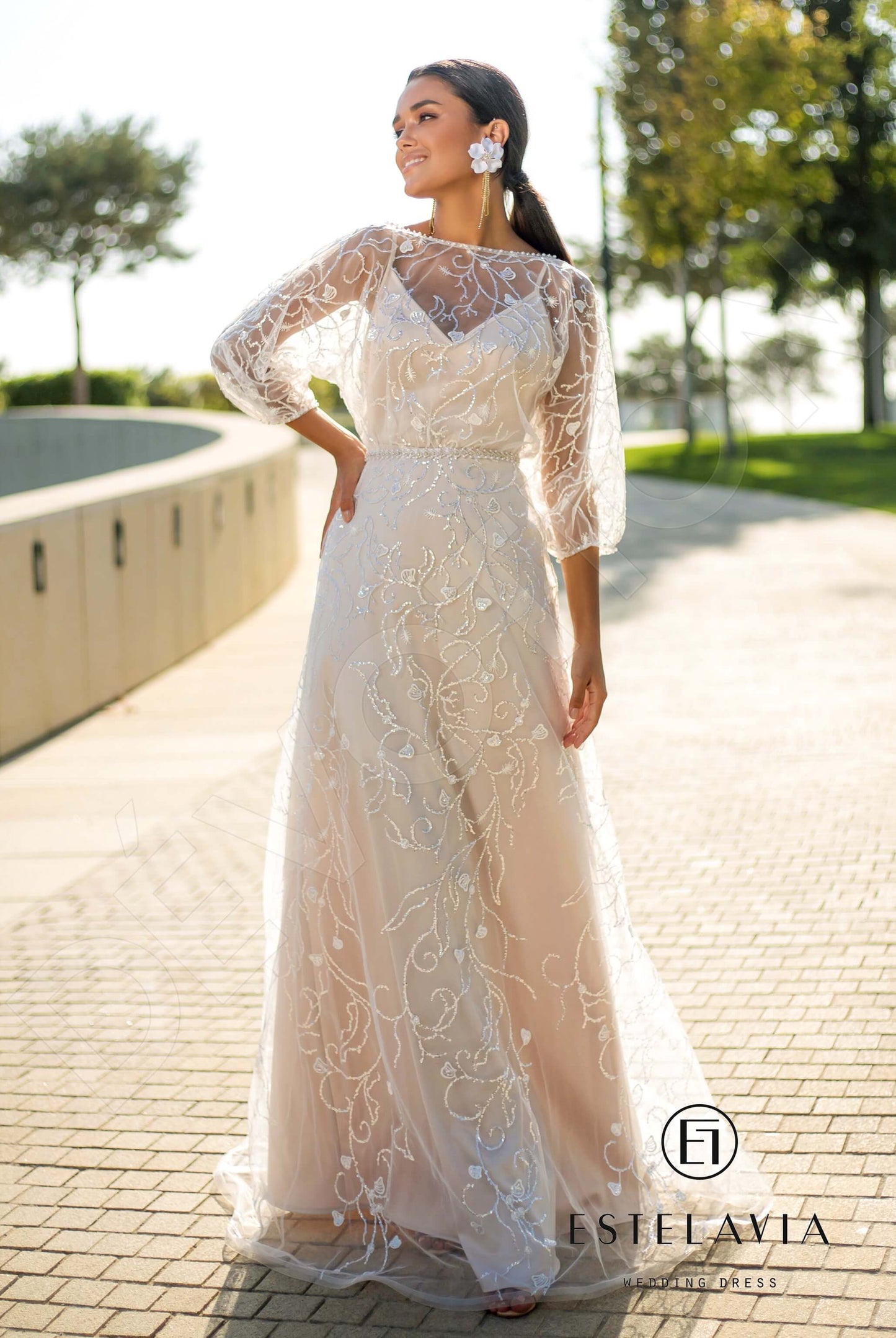 Buffi Open back A-line 3/4 sleeve Wedding Dress Front