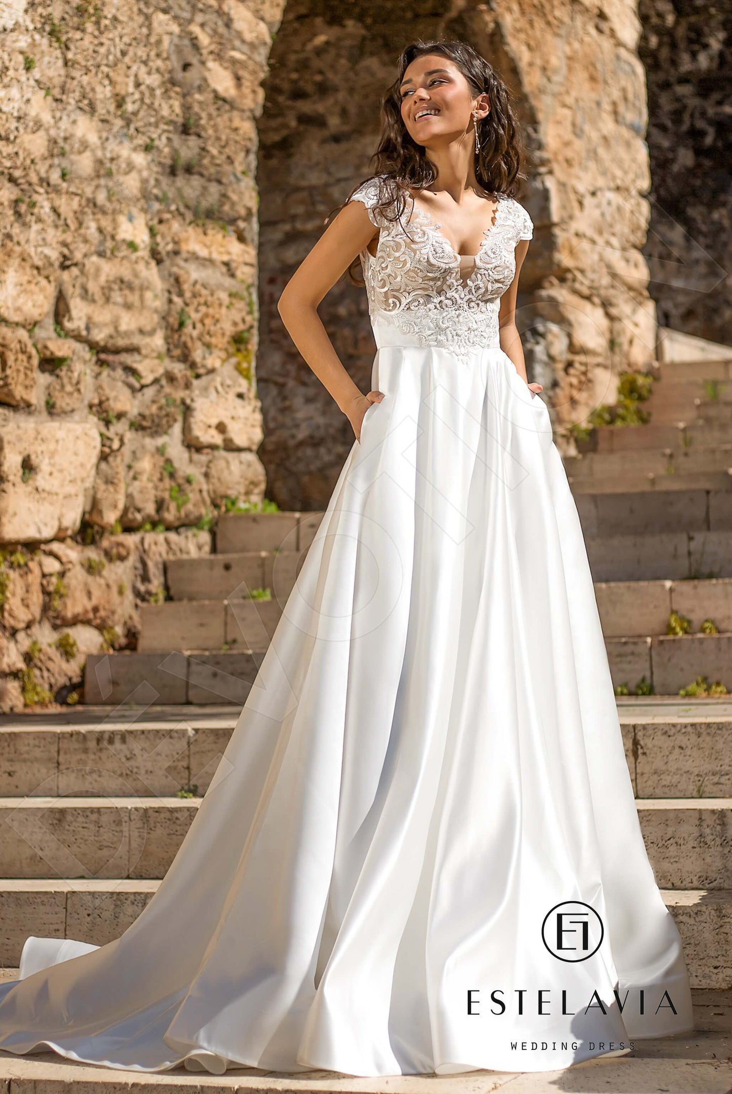 Lorie Open back A-line Short/ Cap sleeve Wedding Dress Front