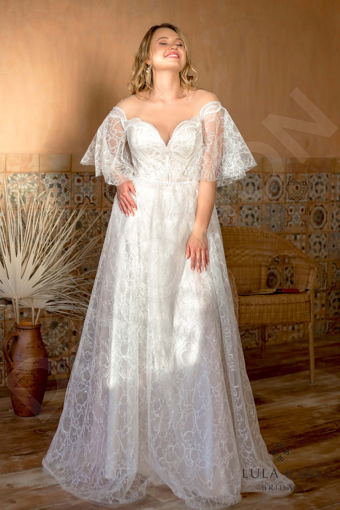 Ninevia Illusion back A-line Half sleeve Wedding Dress Front