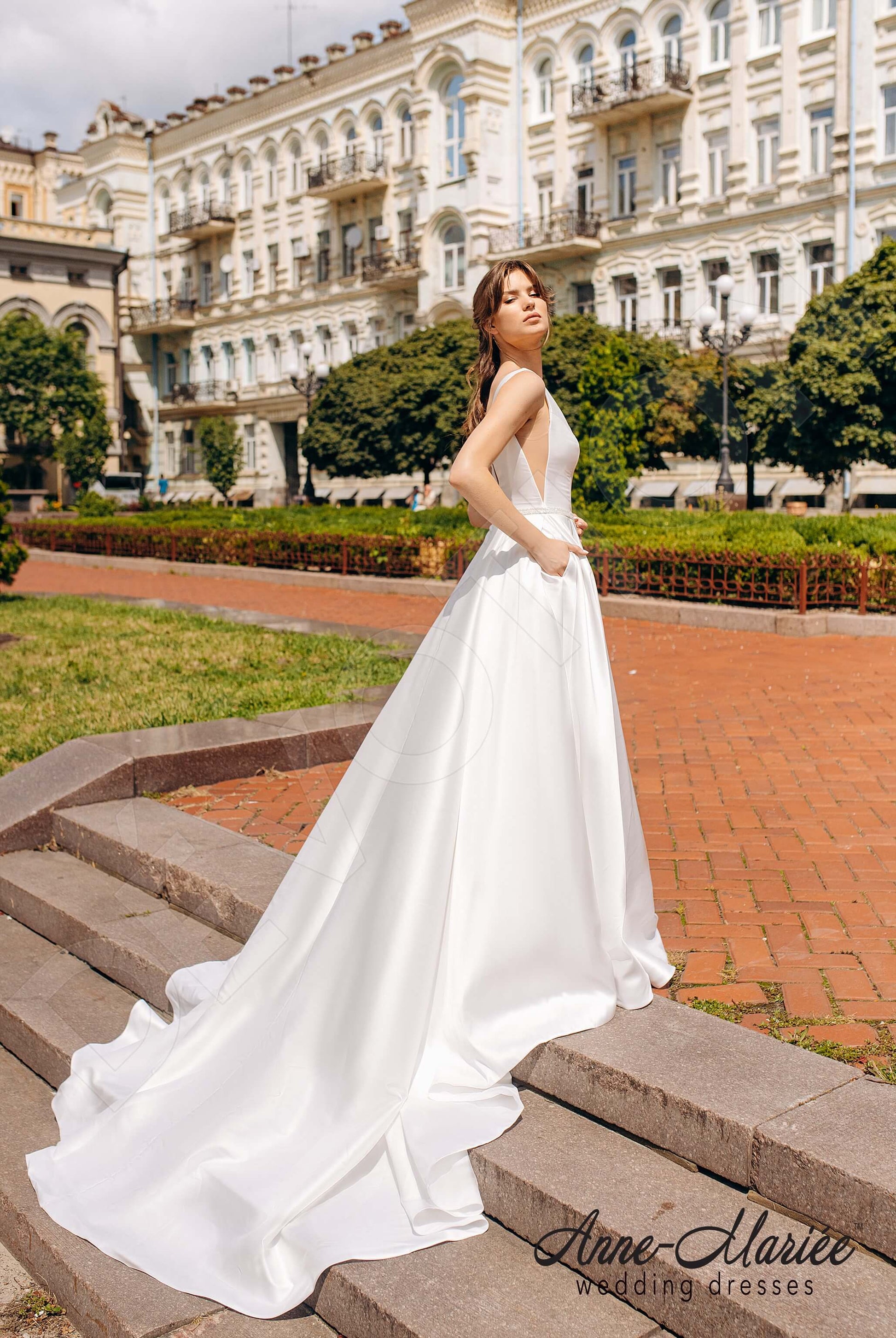 Tiffany A-line Deep V-neck Milk Wedding dress