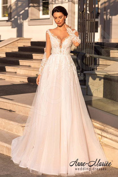 Astrida Illusion back A-line Long sleeve Wedding Dress Front