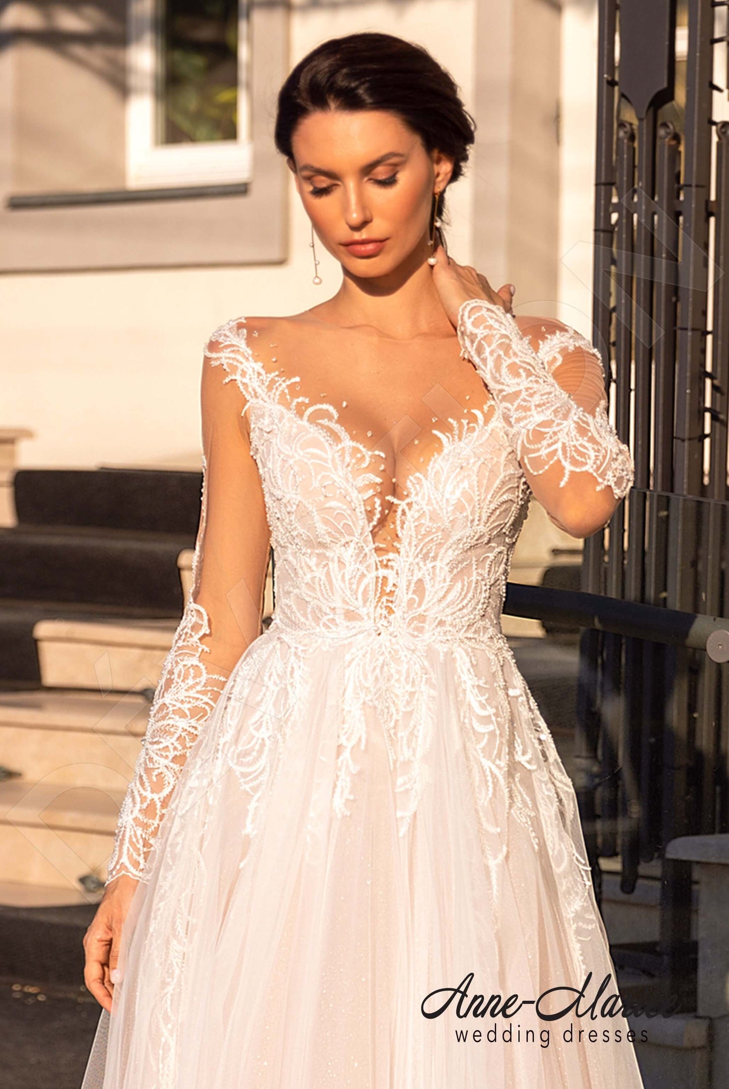 Astrida Illusion back A-line Long sleeve Wedding Dress 4