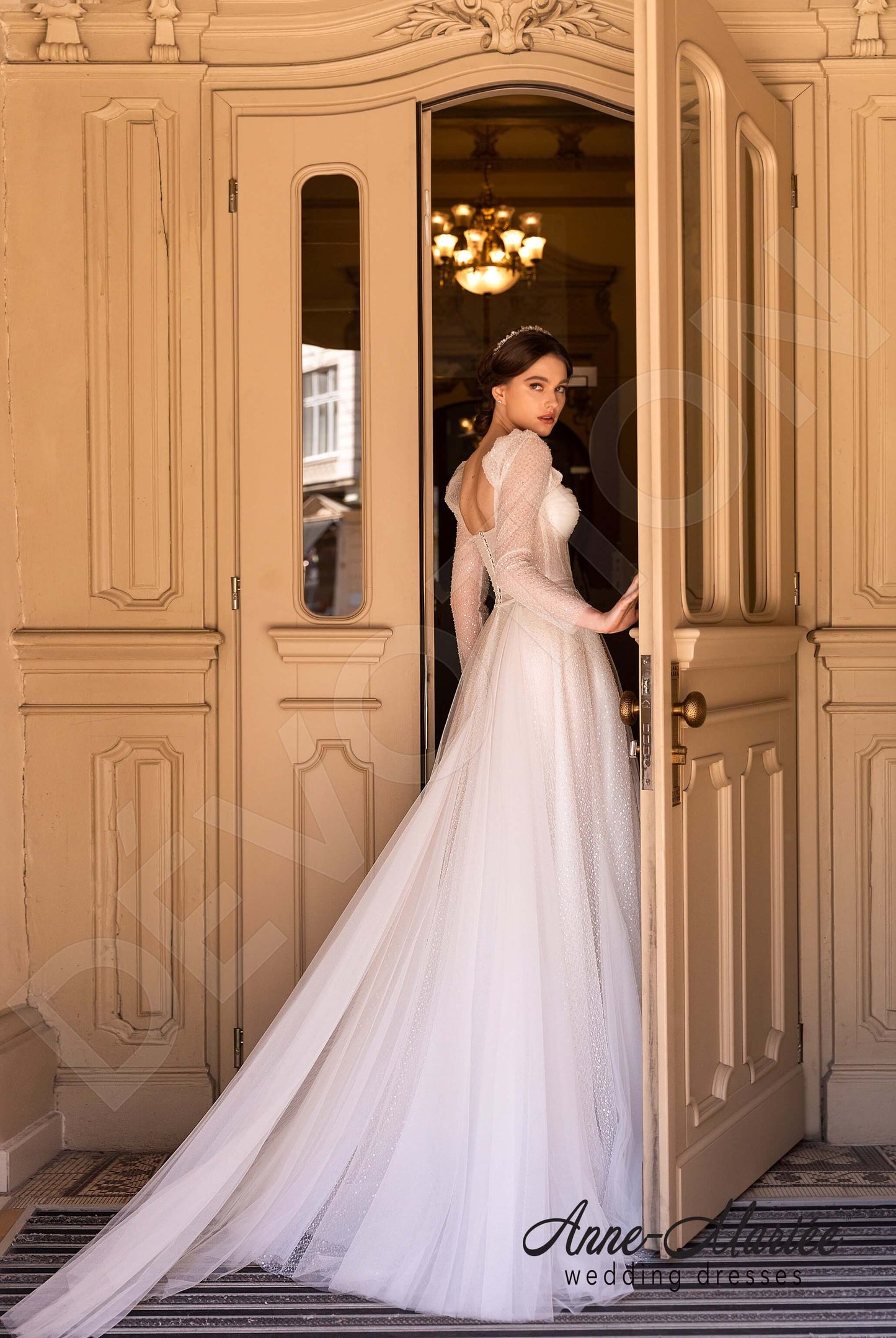 Tessora Open back A-line Detachable sleeves Wedding Dress Back